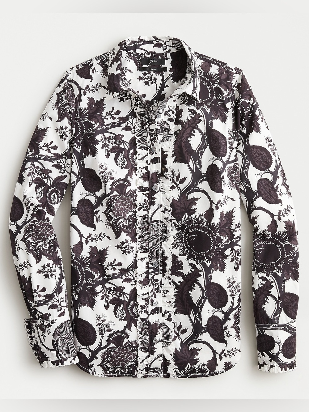 J. Crew 10 Slim Ruffle Black and White Floral Button-Up Shirt